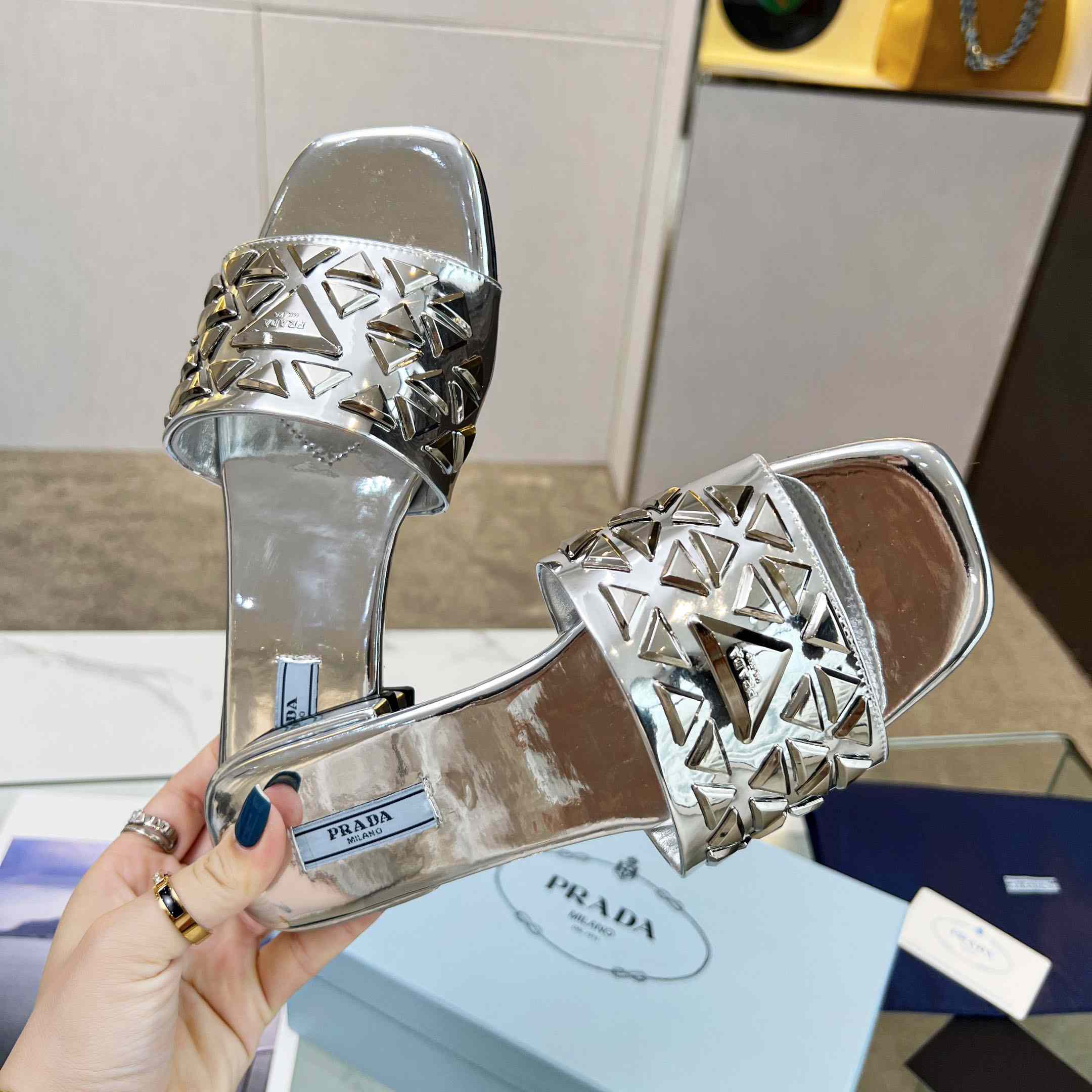 Prada Studded Metallic Leather Slides - DopestKickz