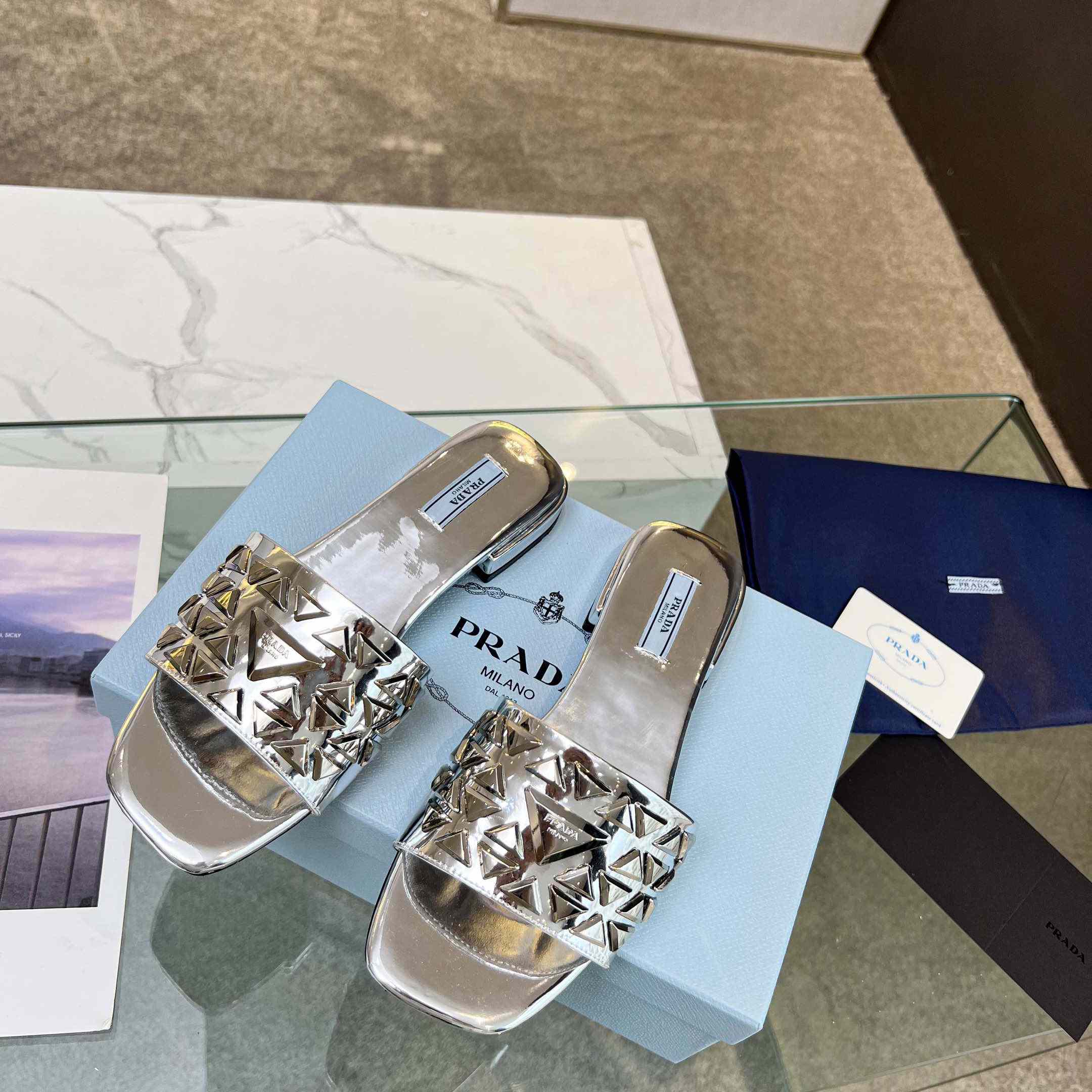 Prada Studded Metallic Leather Slides - DopestKickz