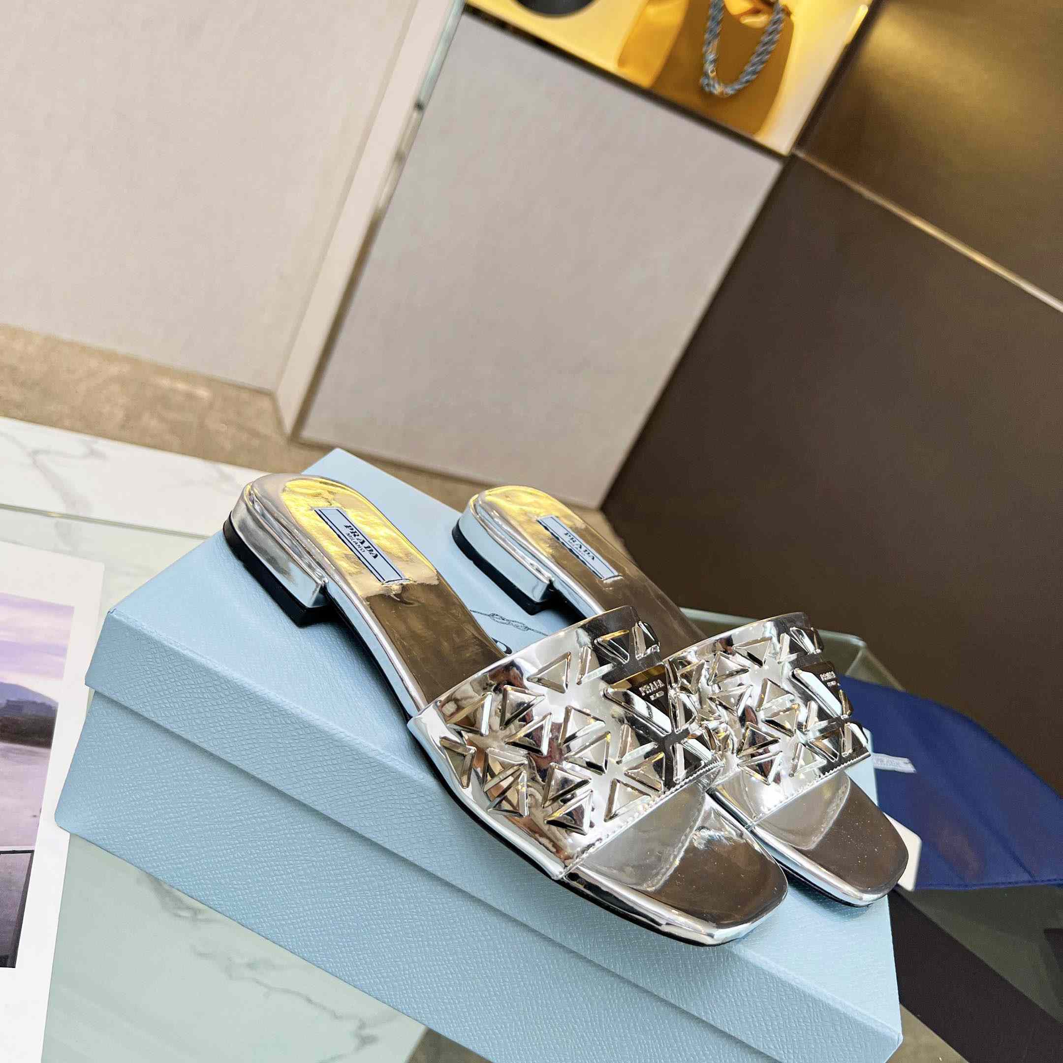 Prada Studded Metallic Leather Slides - DopestKickz