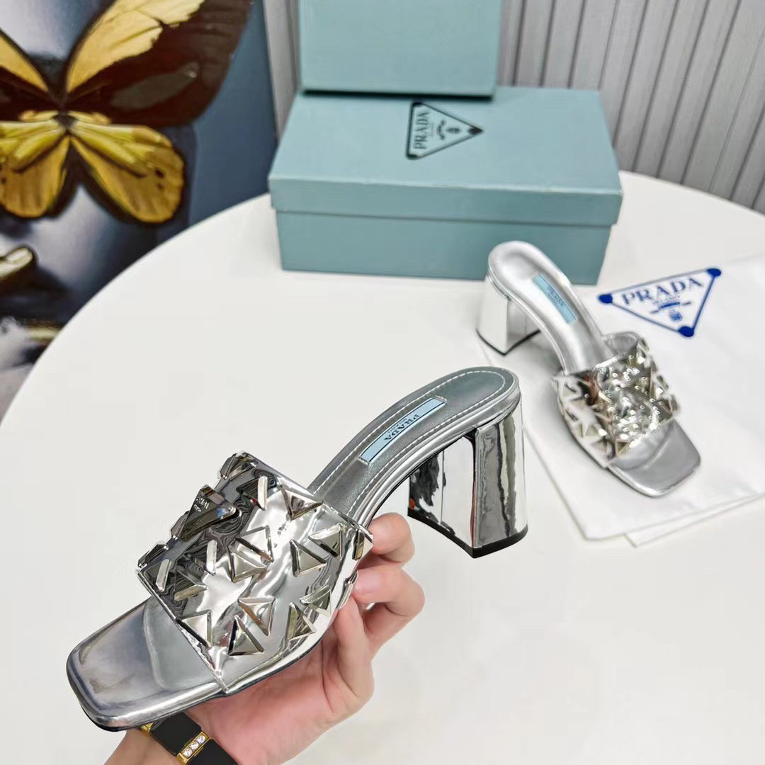 Prada Studded Metallic Leather Mules - DopestKickz