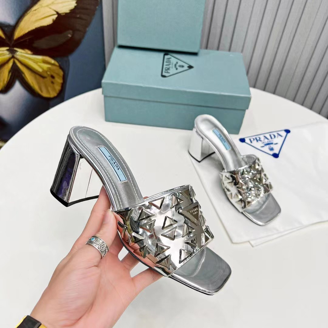 Prada Studded Metallic Leather Mules - DopestKickz