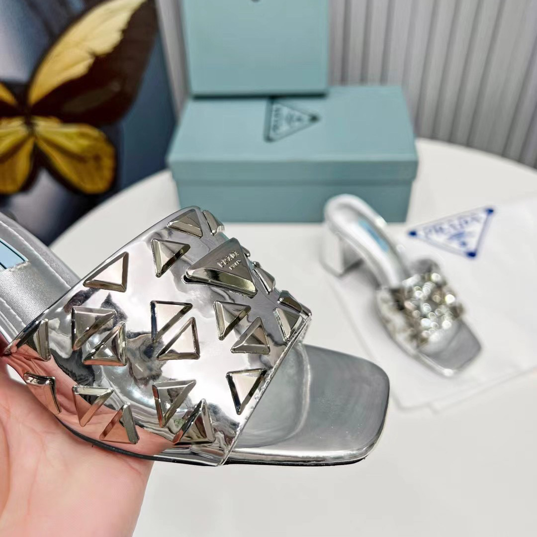 Prada Studded Metallic Leather Mules - DopestKickz