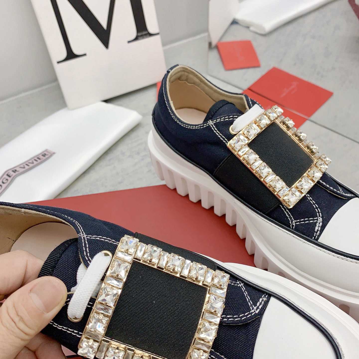 Roger Vivier Viv' Go-Thick Strass Buckle Slip-on Sneakers In Canvas - DopestKickz