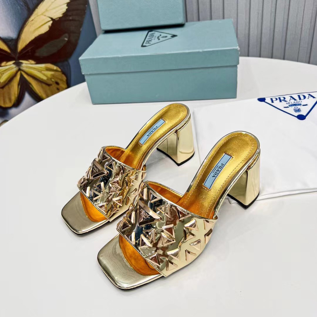Prada Studded Metallic Leather Mules - DopestKickz