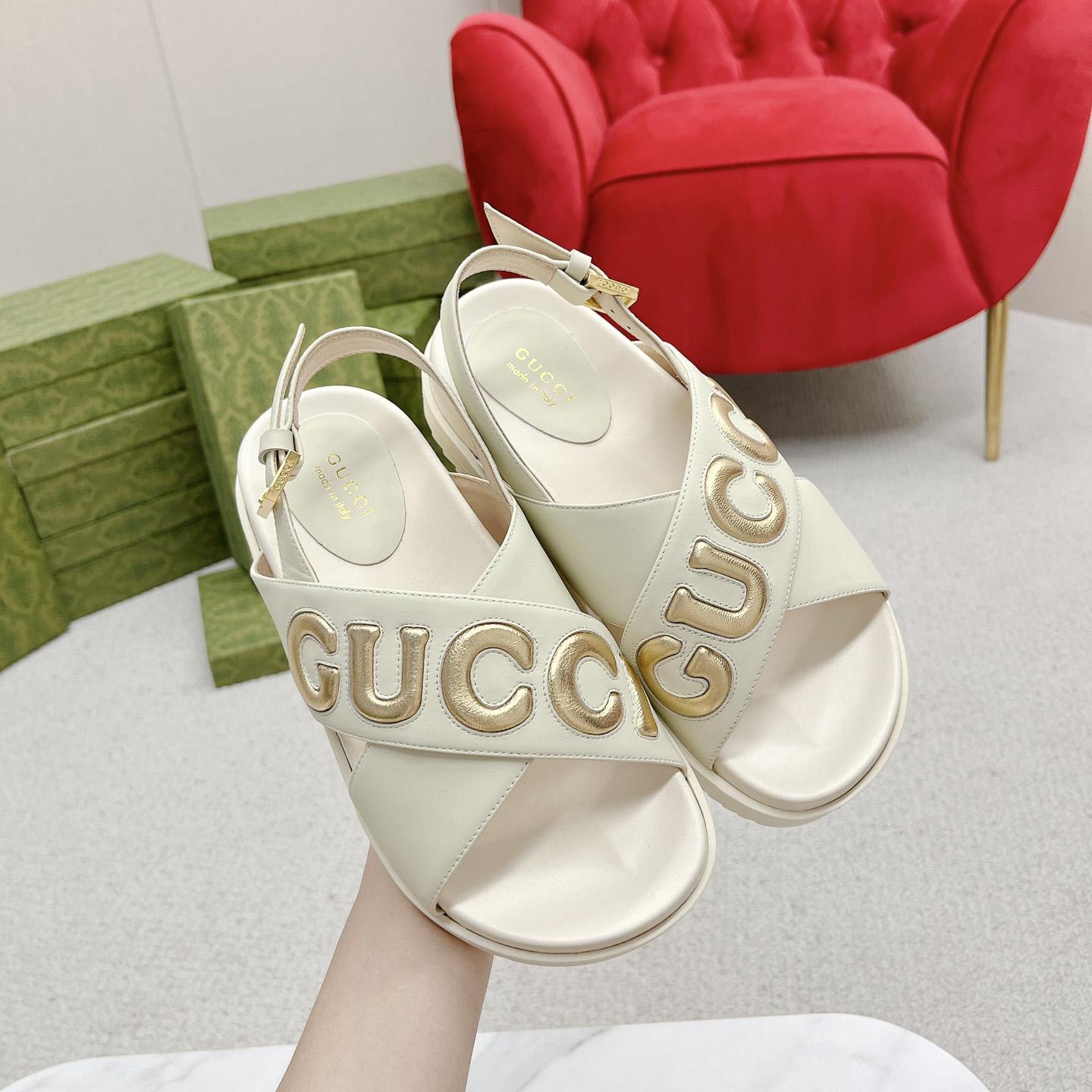 Gucci White Embossed Sandals - DopestKickz