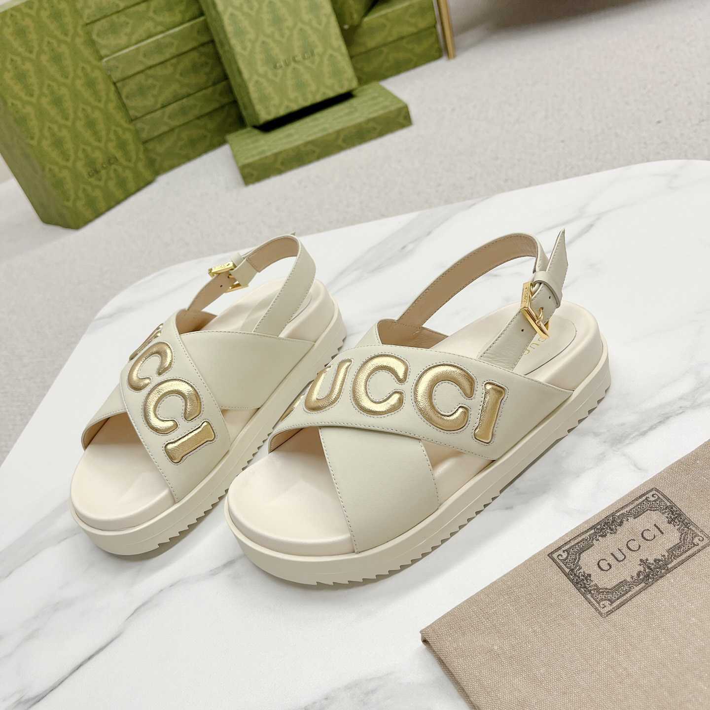 Gucci White Embossed Sandals - DopestKickz