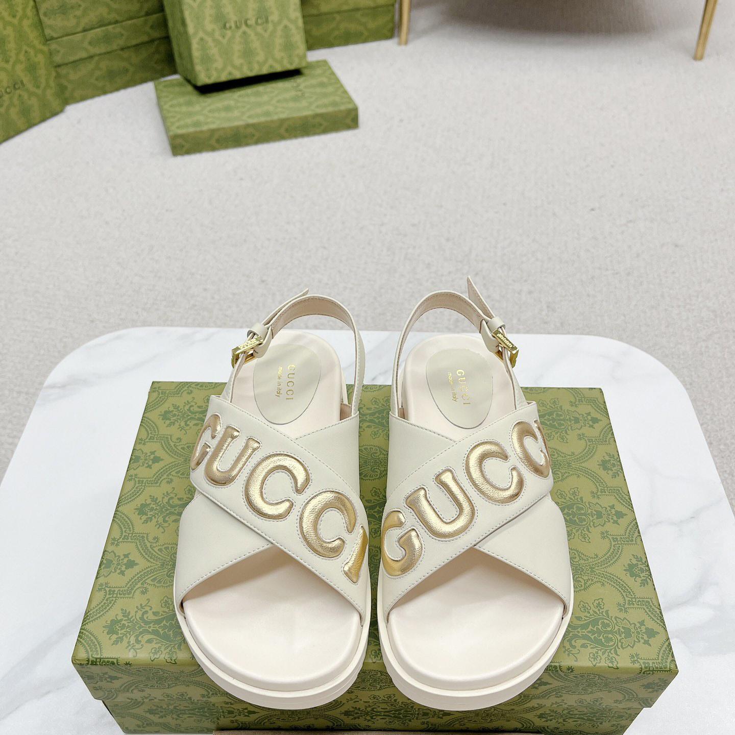 Gucci White Embossed Sandals - DopestKickz
