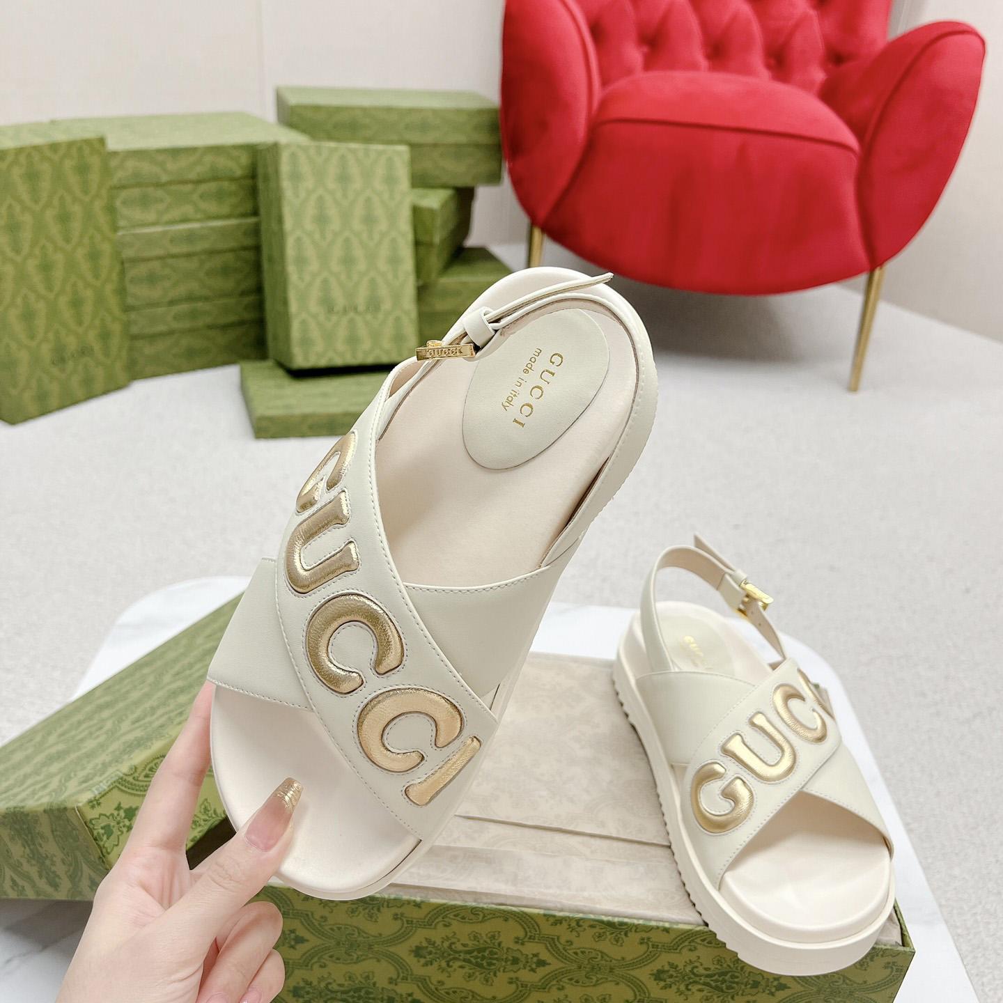 Gucci White Embossed Sandals - DopestKickz