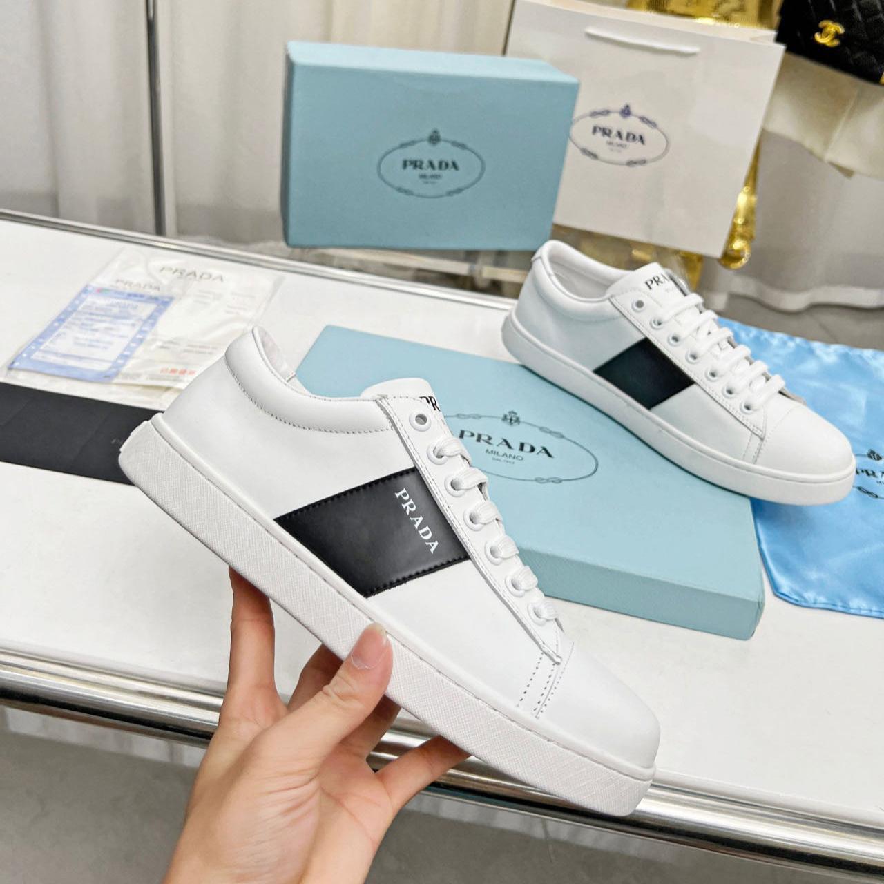 Prada Brushed Leather And Leather Sneakers - DopestKickz