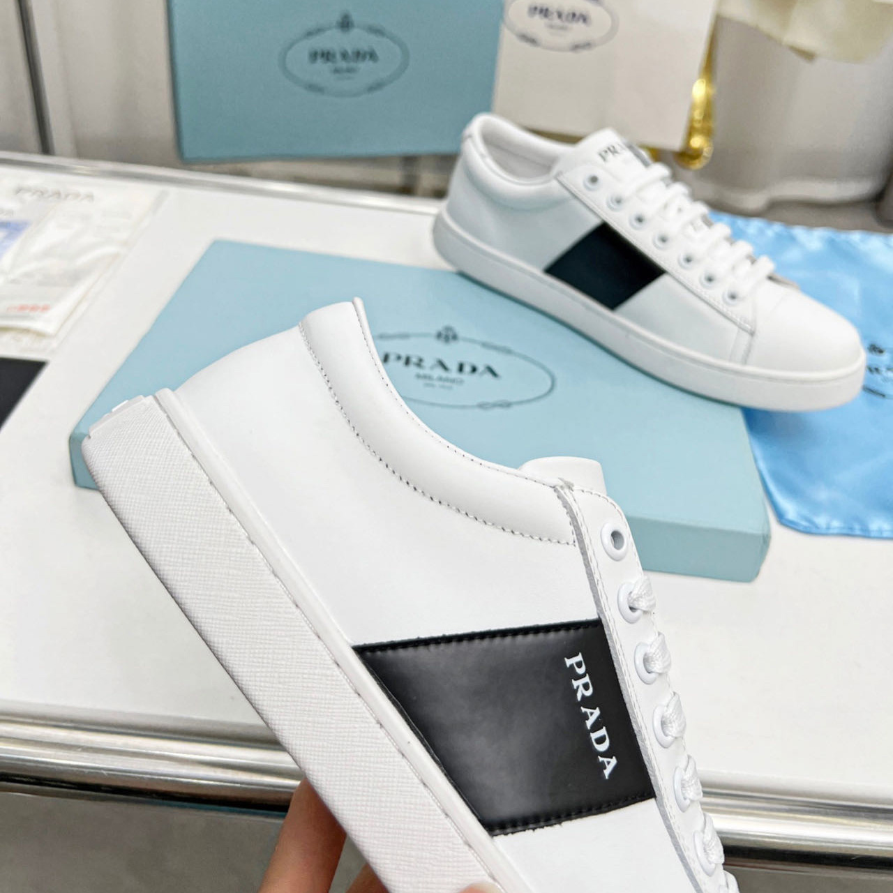 Prada Brushed Leather And Leather Sneakers - DopestKickz