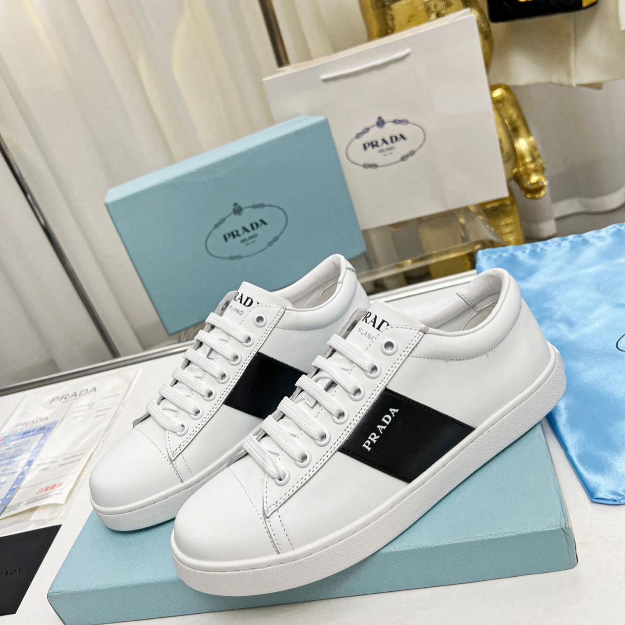 Prada Brushed Leather And Leather Sneakers - DopestKickz