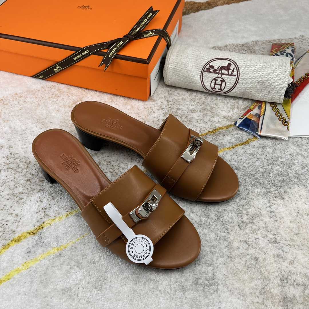 Hermes Open Toe Round Toe Casual Style Plain Leather Block Heels - DopestKickz