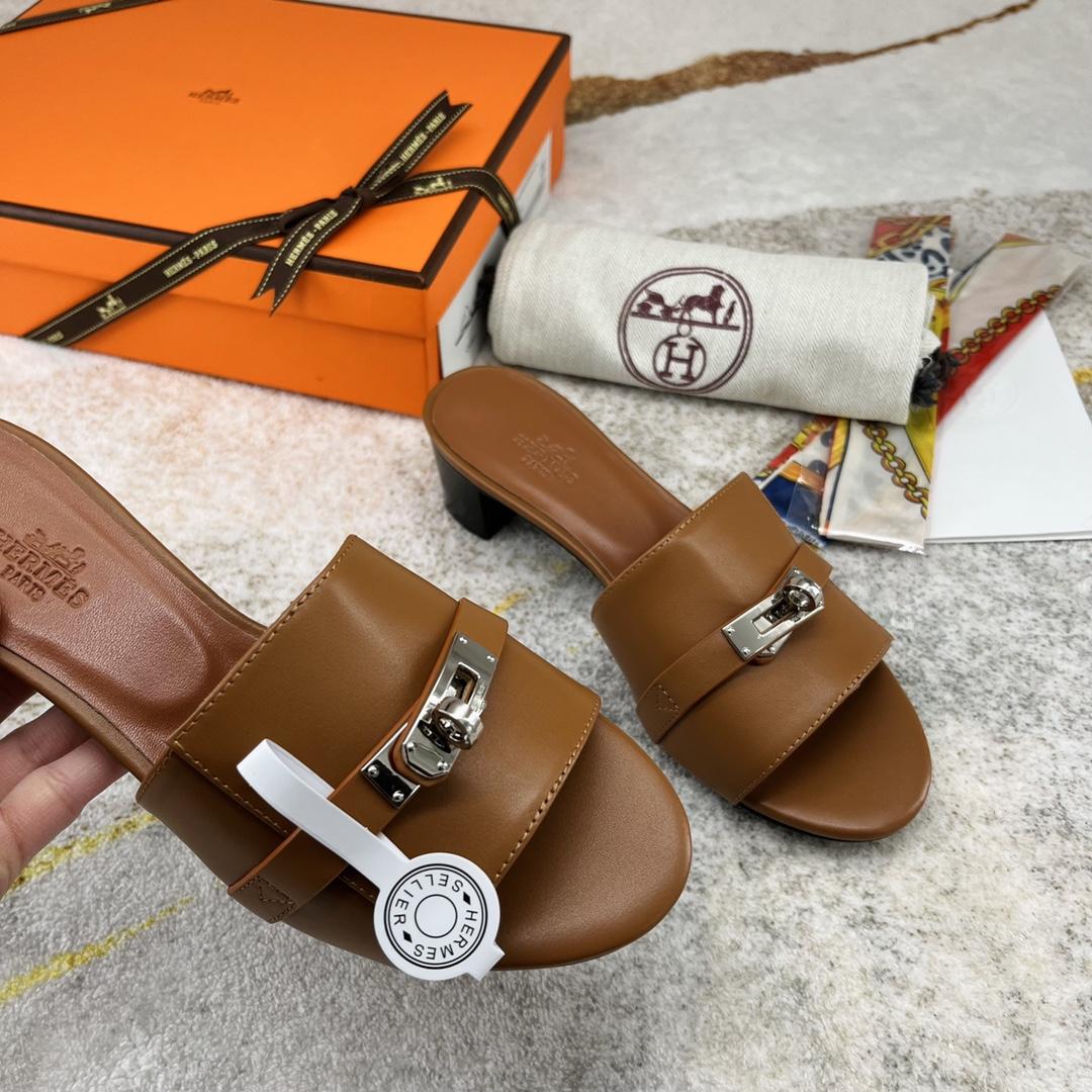 Hermes Open Toe Round Toe Casual Style Plain Leather Block Heels - DopestKickz