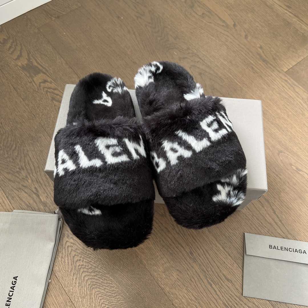 Balenciaga Faux fur Logo Slippers - DopestKickz