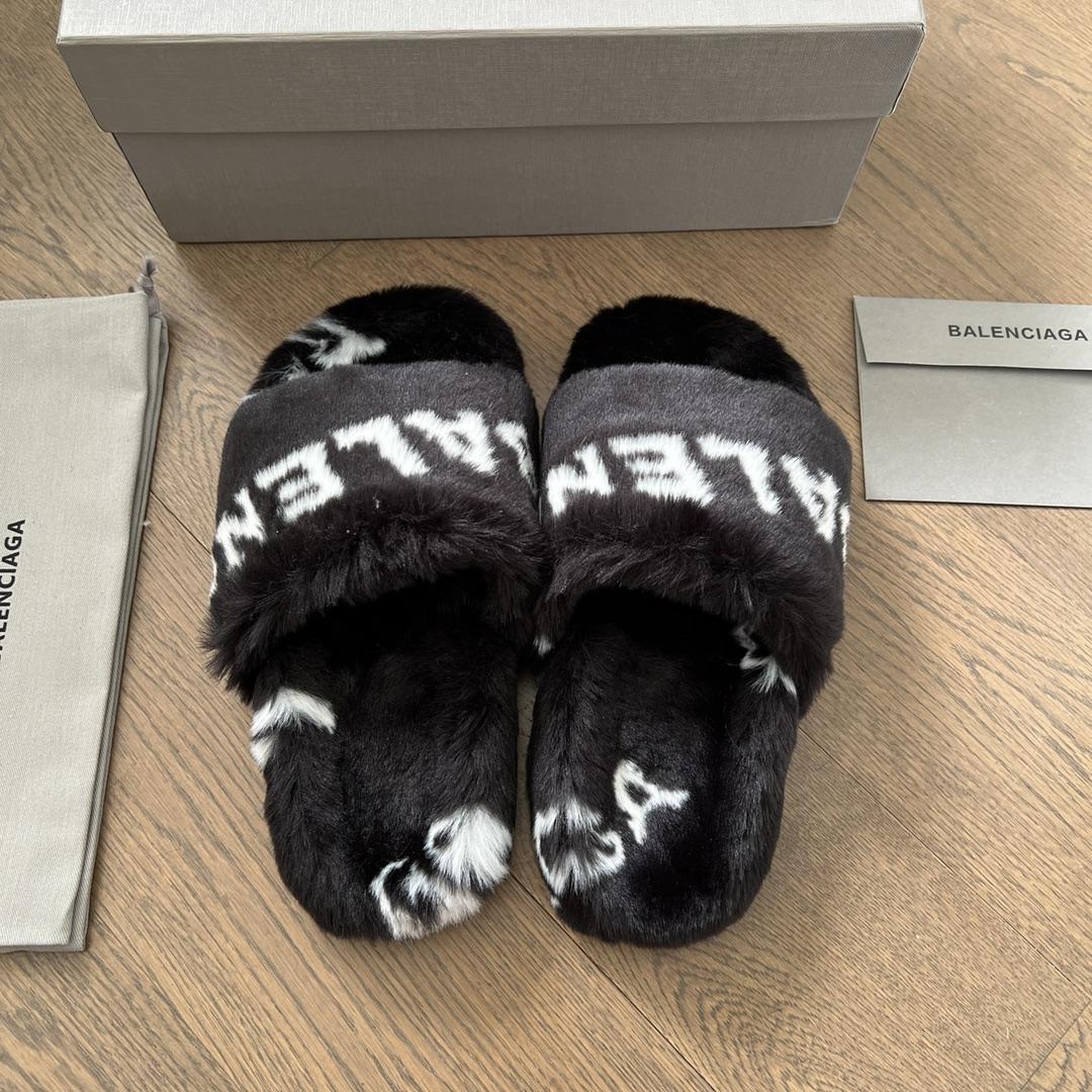 Balenciaga Faux fur Logo Slippers - DopestKickz