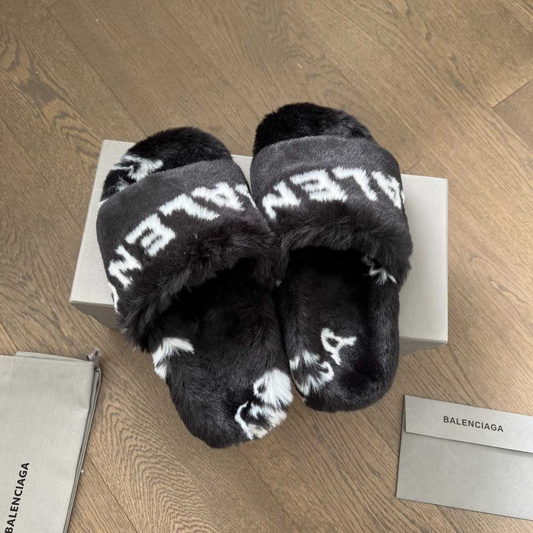 Balenciaga Faux fur Logo Slippers - DopestKickz