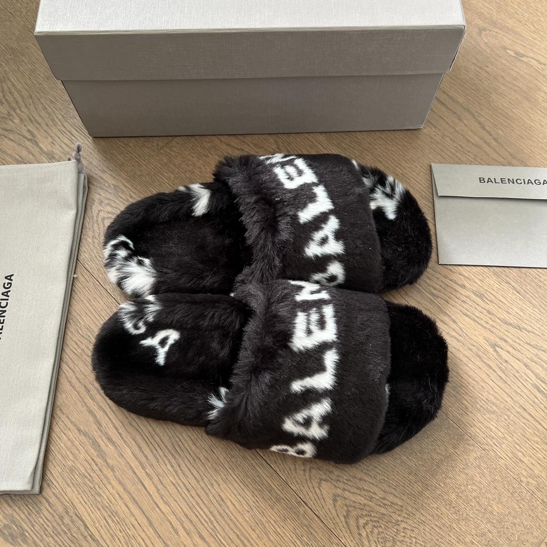 Balenciaga Faux fur Logo Slippers - DopestKickz