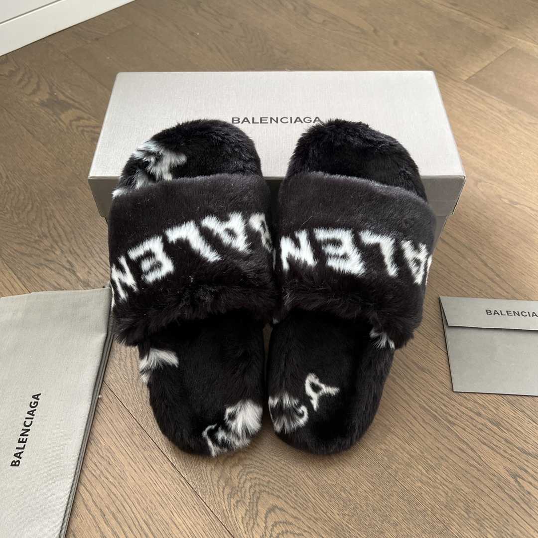 Balenciaga Faux fur Logo Slippers - DopestKickz