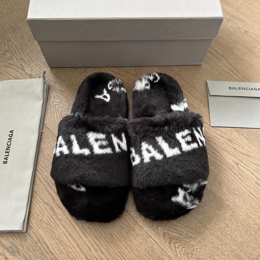 Balenciaga Faux fur Logo Slippers - DopestKickz