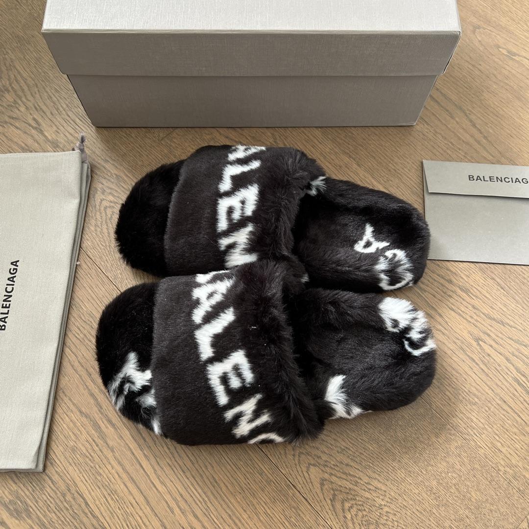 Balenciaga Faux fur Logo Slippers - DopestKickz