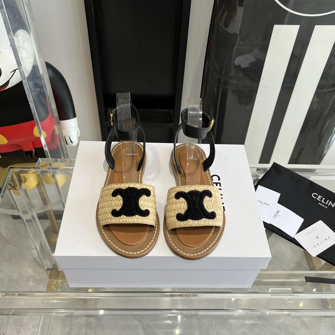 Celine Lympia Flat Strap Sandal In Raffia & Calfskin - DopestKickz