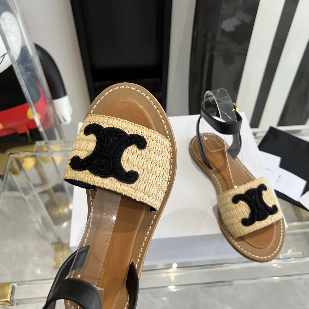 Celine Lympia Flat Strap Sandal In Raffia & Calfskin - DopestKickz