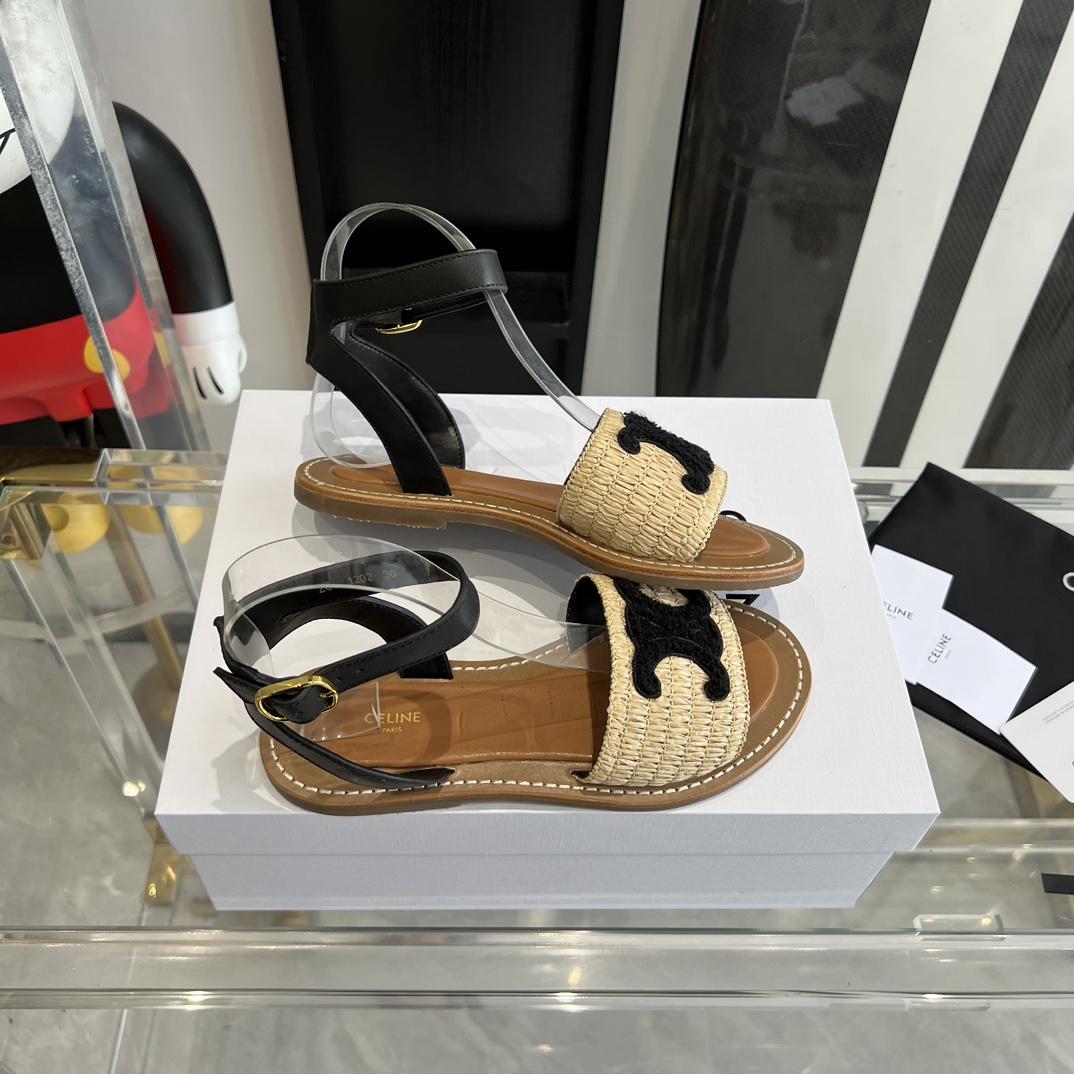 Celine Lympia Flat Strap Sandal In Raffia & Calfskin - DopestKickz