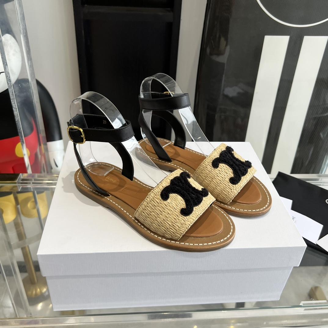 Celine Lympia Flat Strap Sandal In Raffia & Calfskin - DopestKickz