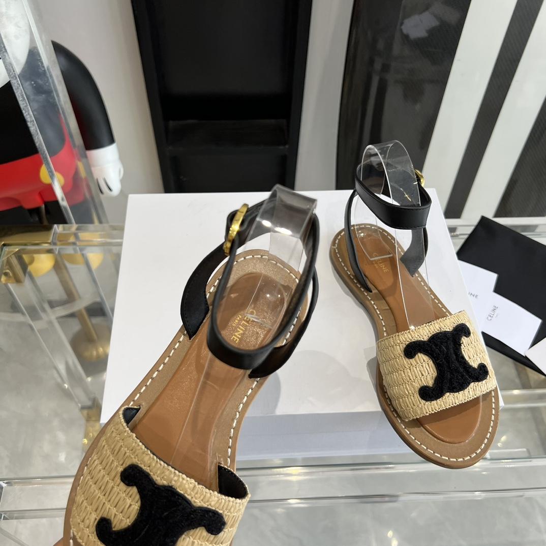 Celine Lympia Flat Strap Sandal In Raffia & Calfskin - DopestKickz