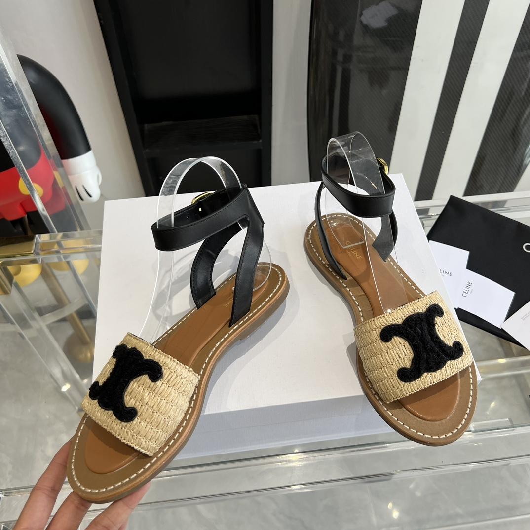 Celine Lympia Flat Strap Sandal In Raffia & Calfskin - DopestKickz