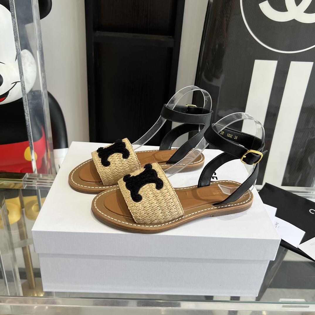 Celine Lympia Flat Strap Sandal In Raffia & Calfskin - DopestKickz