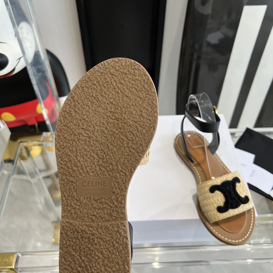 Celine Lympia Flat Strap Sandal In Raffia & Calfskin - DopestKickz