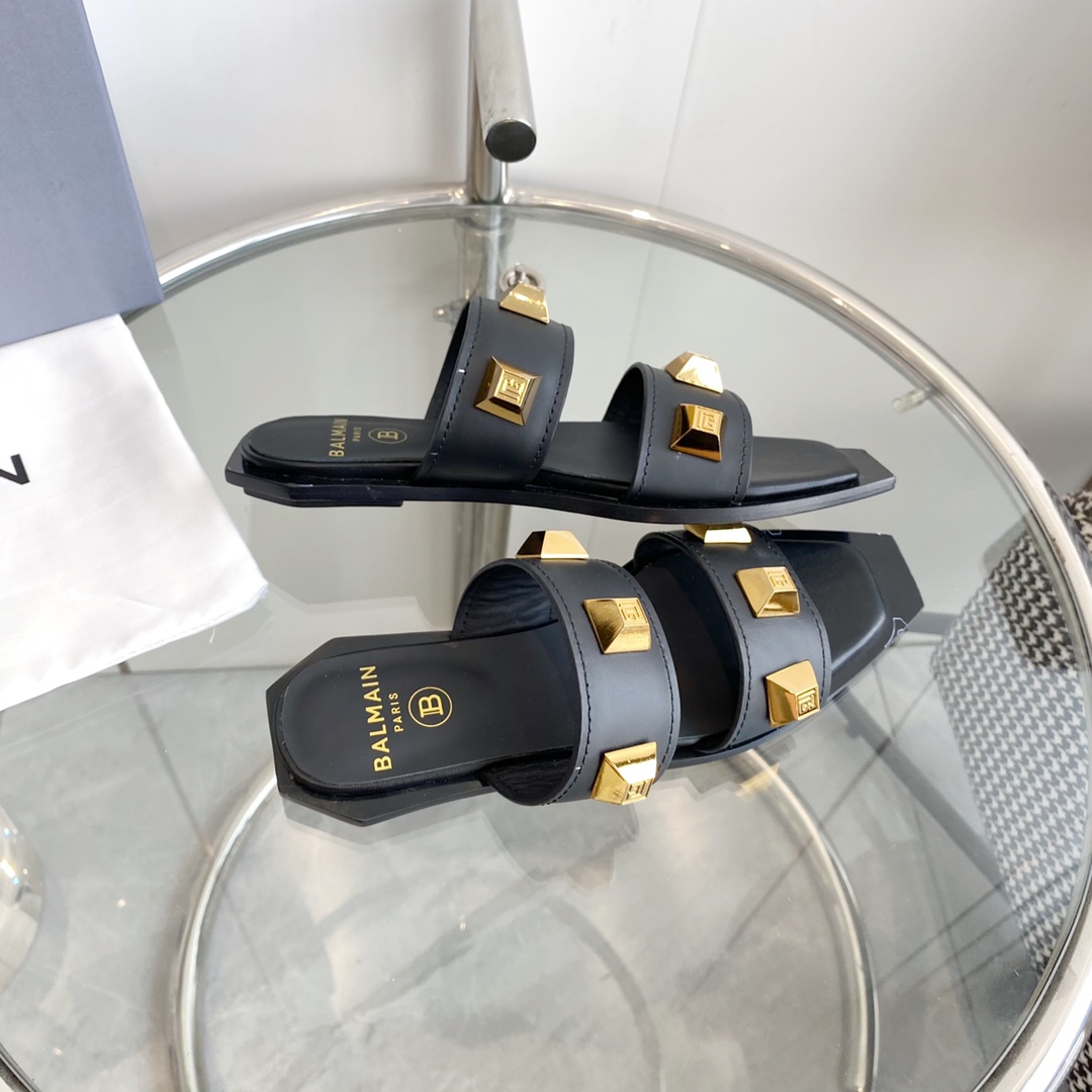 Balmain Ana Studded Leather Slides - DopestKickz