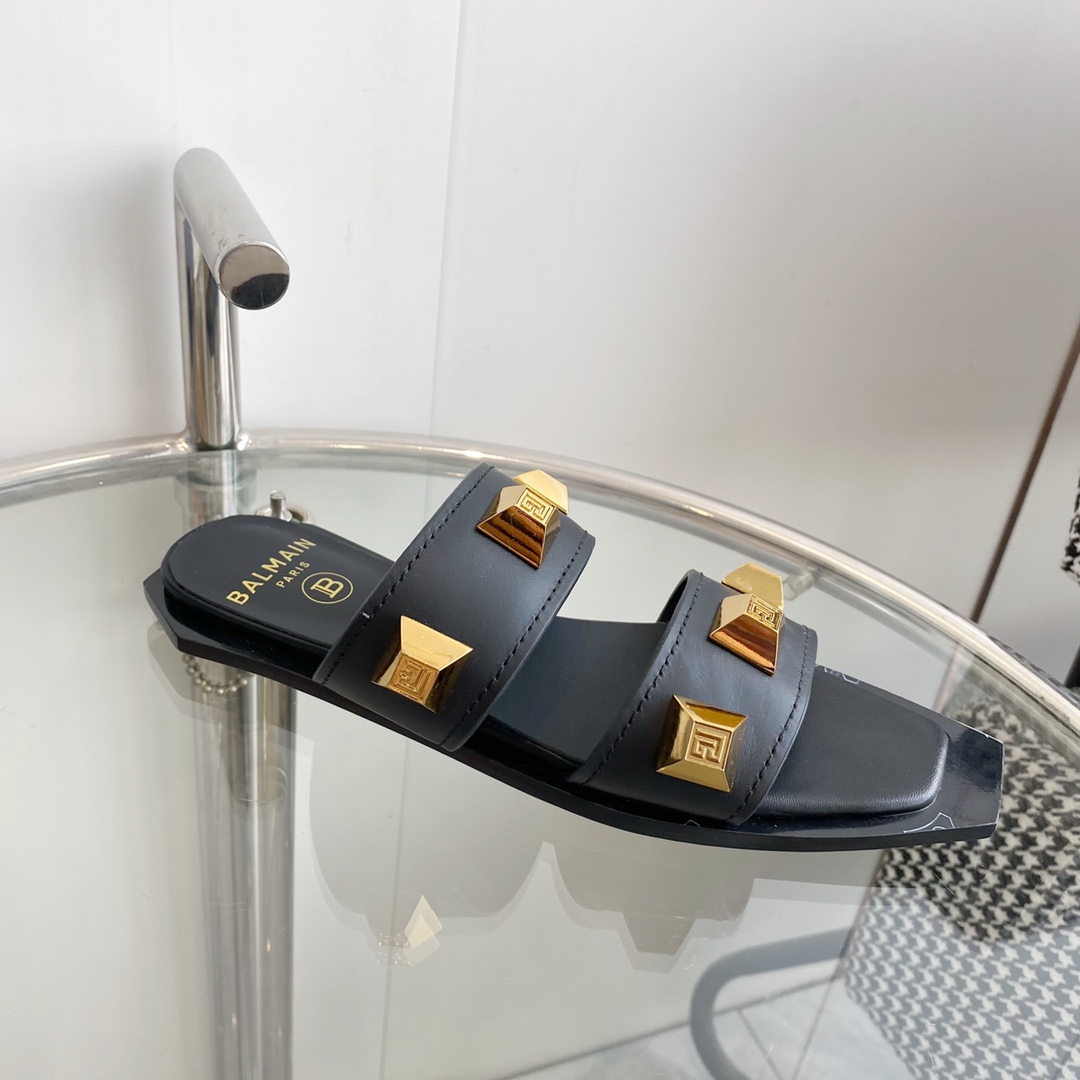 Balmain Ana Studded Leather Slides - DopestKickz