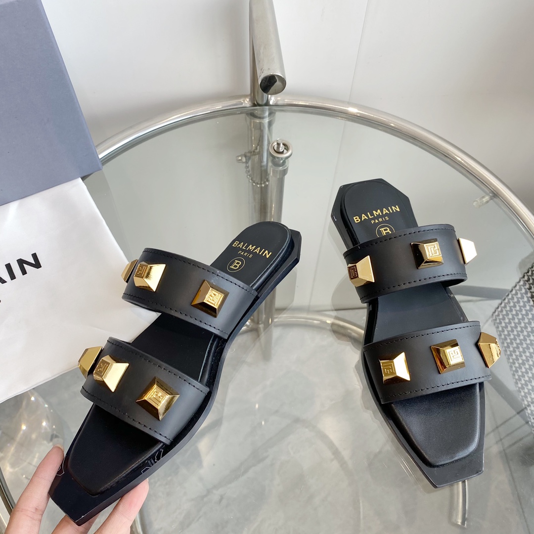 Balmain Ana Studded Leather Slides - DopestKickz