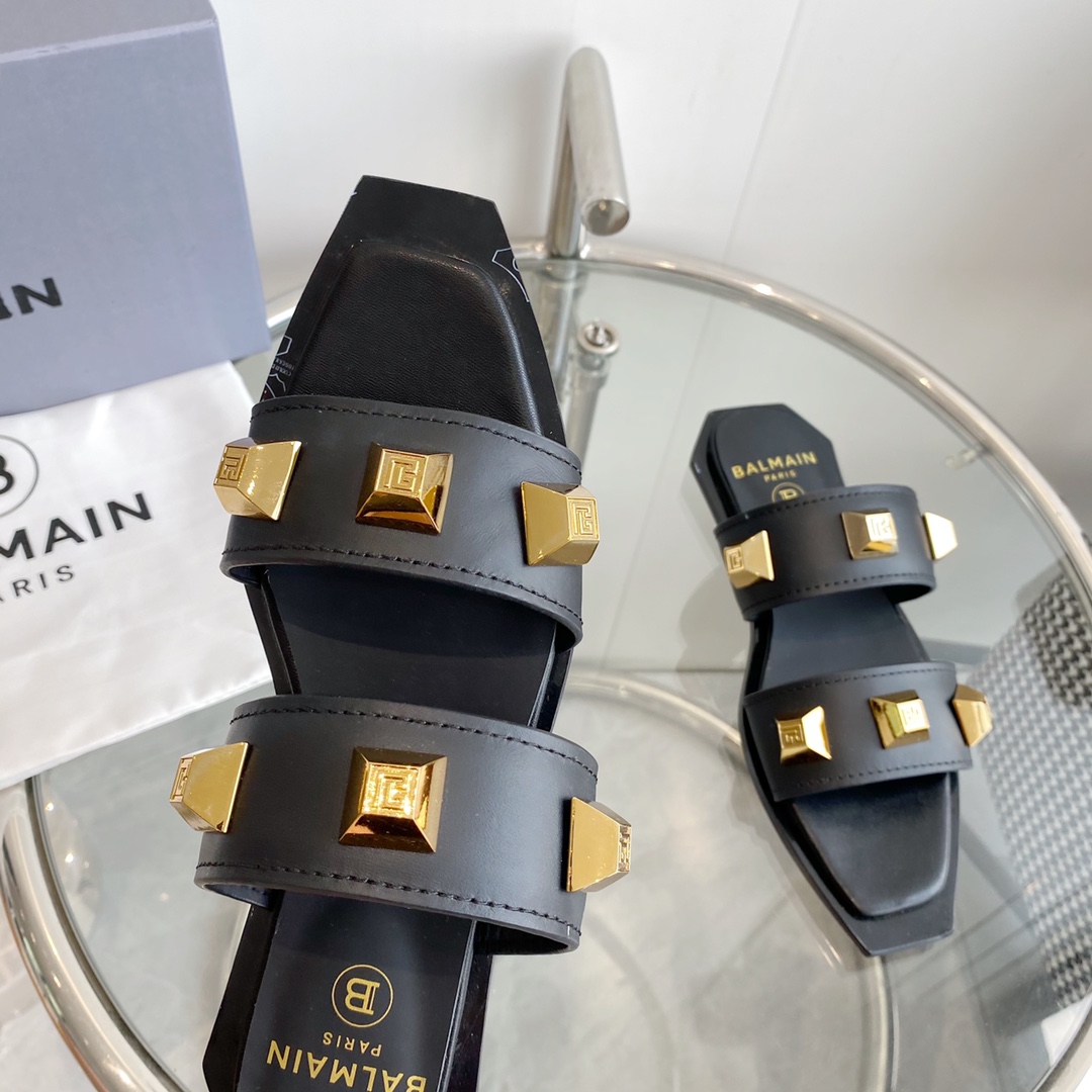 Balmain Ana Studded Leather Slides - DopestKickz