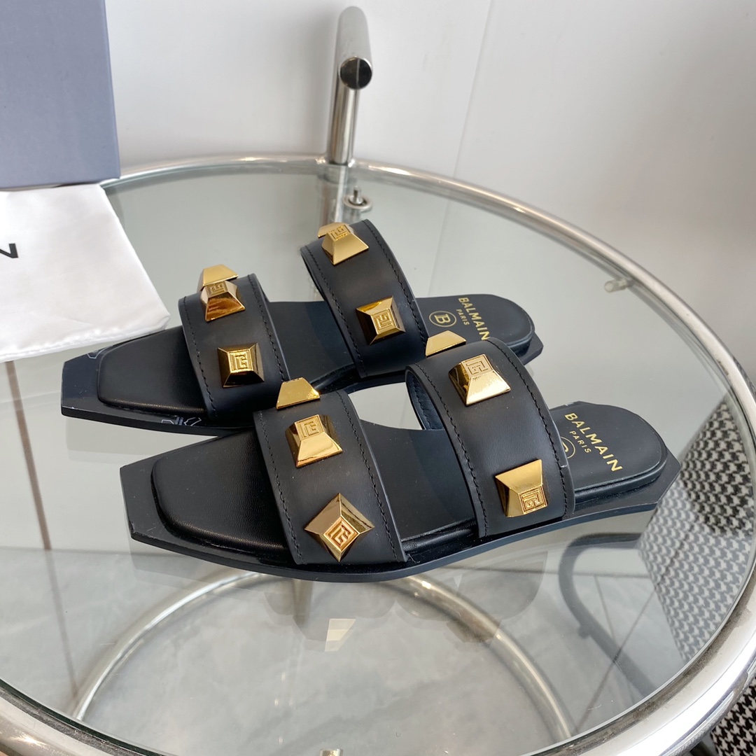 Balmain Ana Studded Leather Slides - DopestKickz