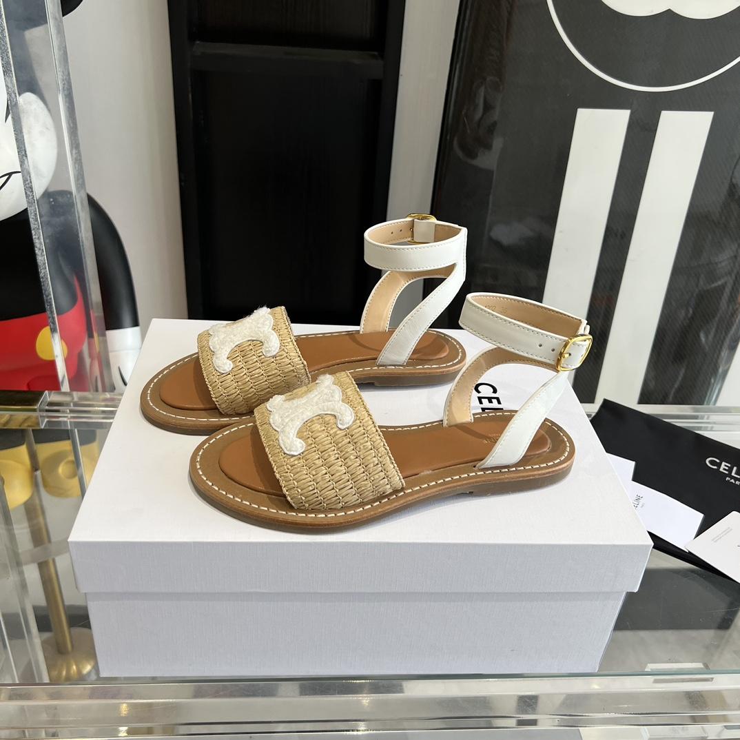 Celine Lympia Flat Strap Sandal In Raffia & Calfskin - DopestKickz