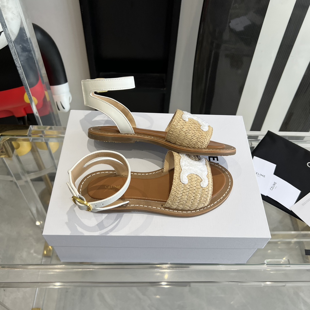 Celine Lympia Flat Strap Sandal In Raffia & Calfskin - DopestKickz
