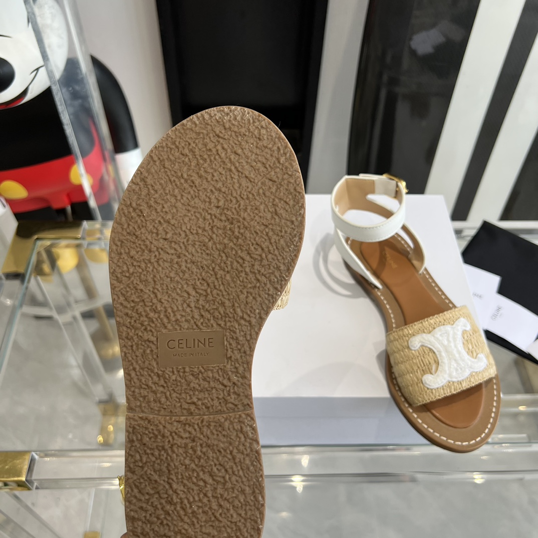 Celine Lympia Flat Strap Sandal In Raffia & Calfskin - DopestKickz