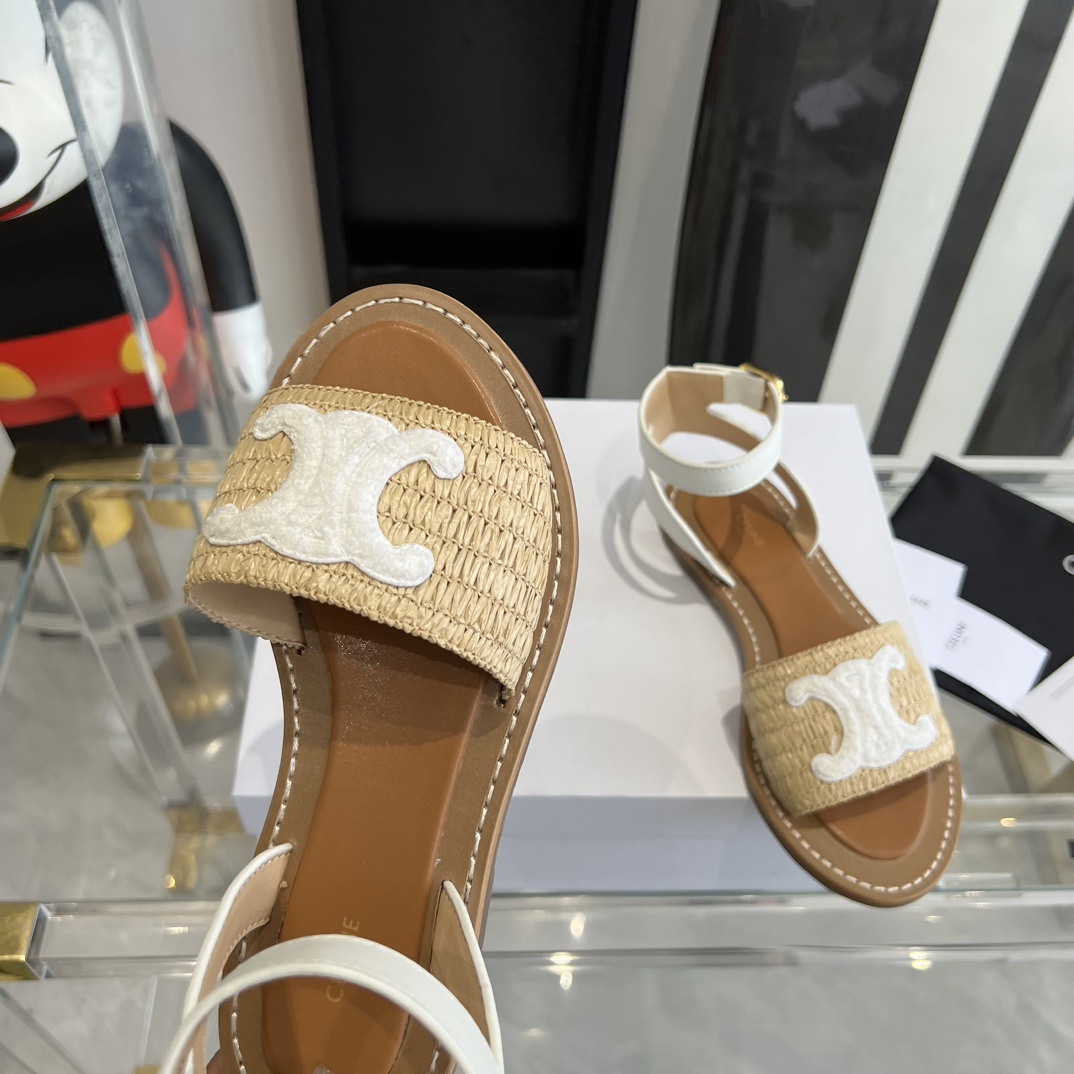 Celine Lympia Flat Strap Sandal In Raffia & Calfskin - DopestKickz