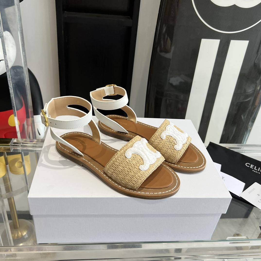 Celine Lympia Flat Strap Sandal In Raffia & Calfskin - DopestKickz