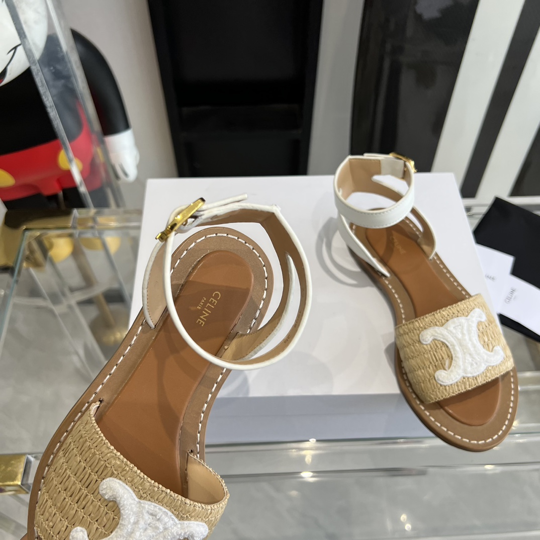 Celine Lympia Flat Strap Sandal In Raffia & Calfskin - DopestKickz