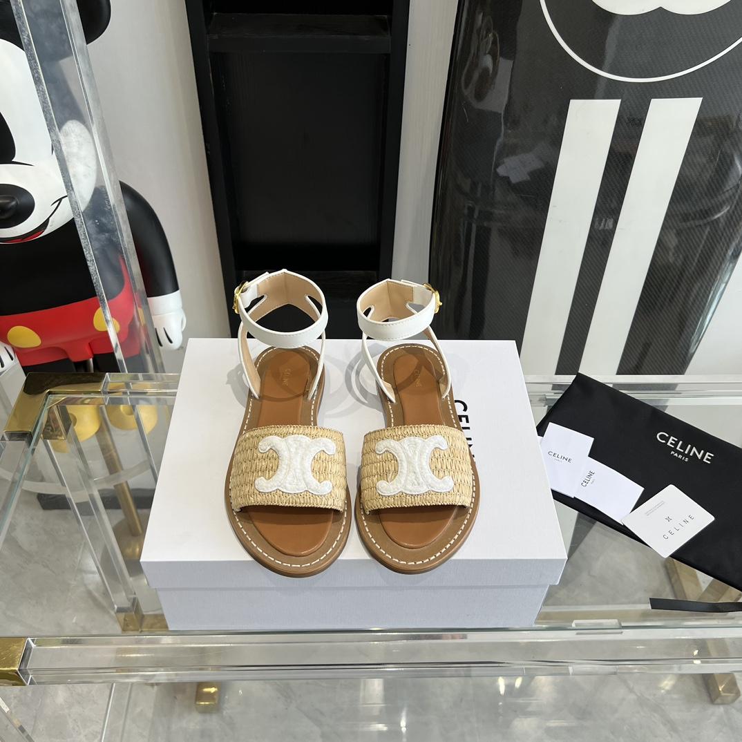 Celine Lympia Flat Strap Sandal In Raffia & Calfskin - DopestKickz