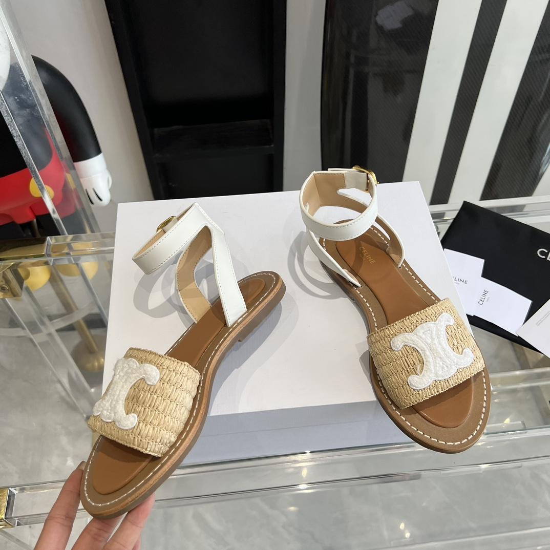 Celine Lympia Flat Strap Sandal In Raffia & Calfskin - DopestKickz