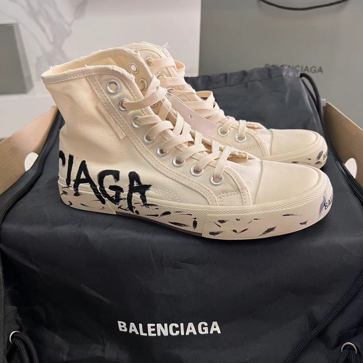 Balenciaga Paris High Top Graffiti Sneaker In White  - DopestKickz