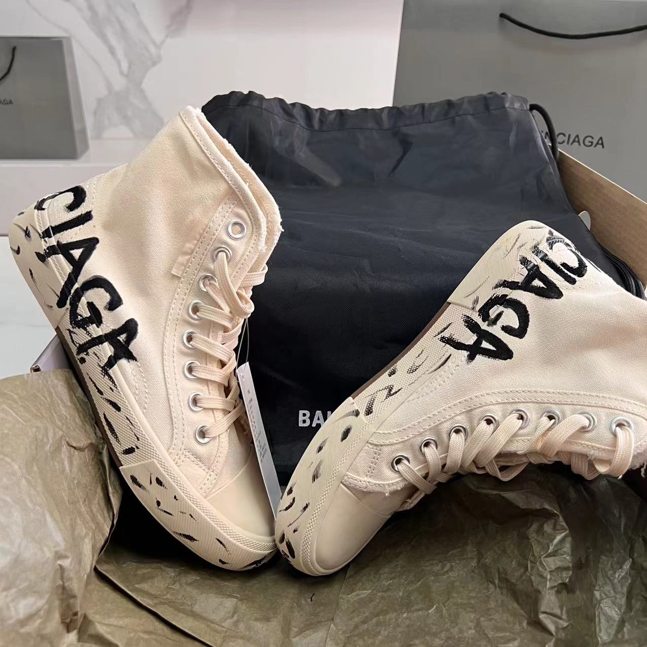 Balenciaga Paris High Top Graffiti Sneaker In White  - DopestKickz