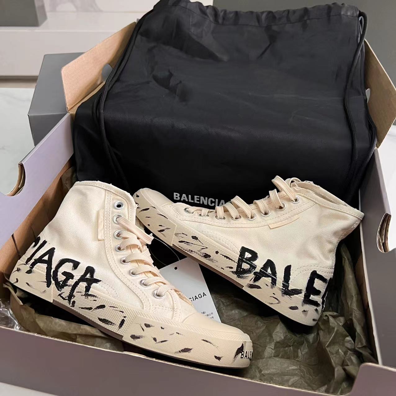 Balenciaga Paris High Top Graffiti Sneaker In White  - DopestKickz