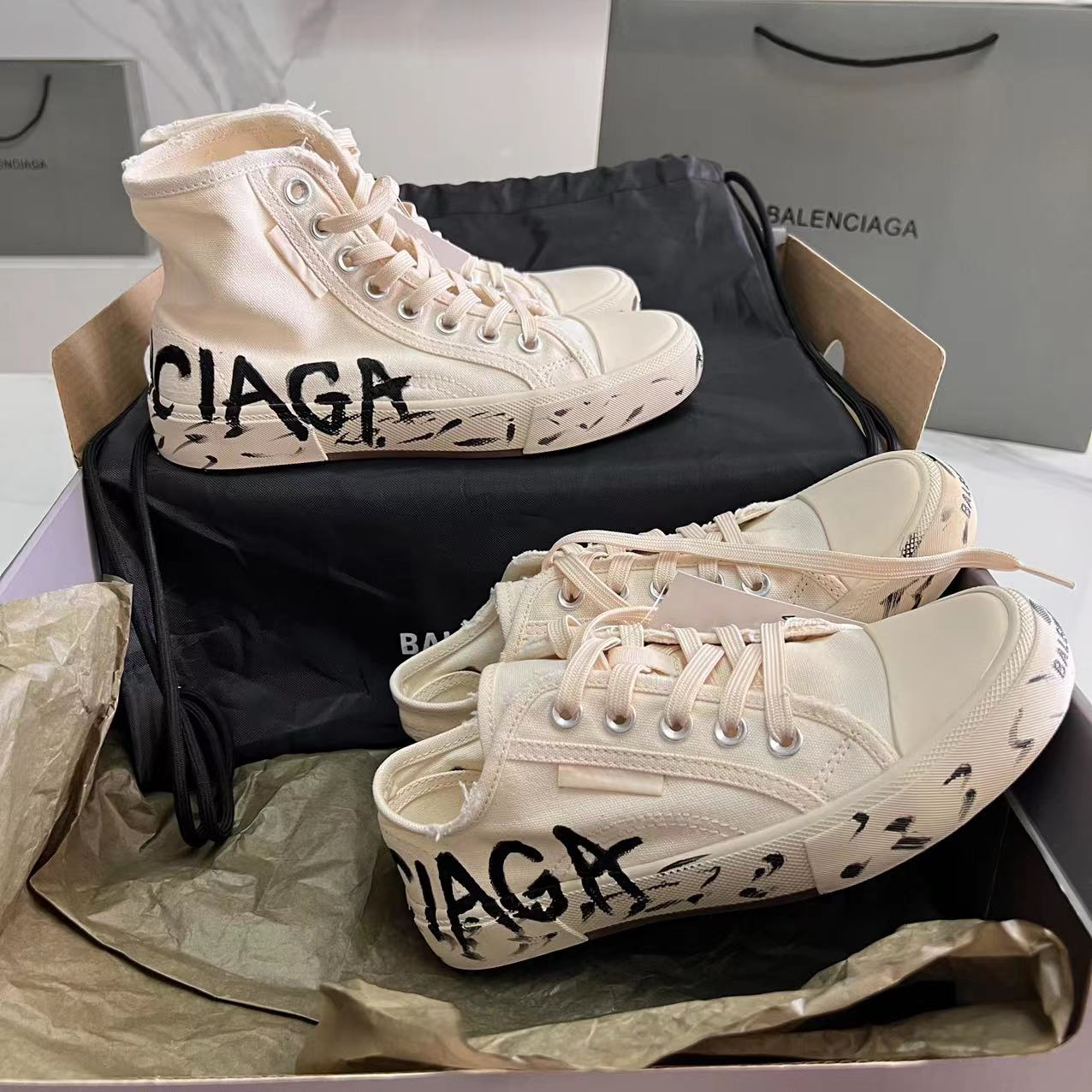 Balenciaga Paris High Top Graffiti Sneaker In White  - DopestKickz