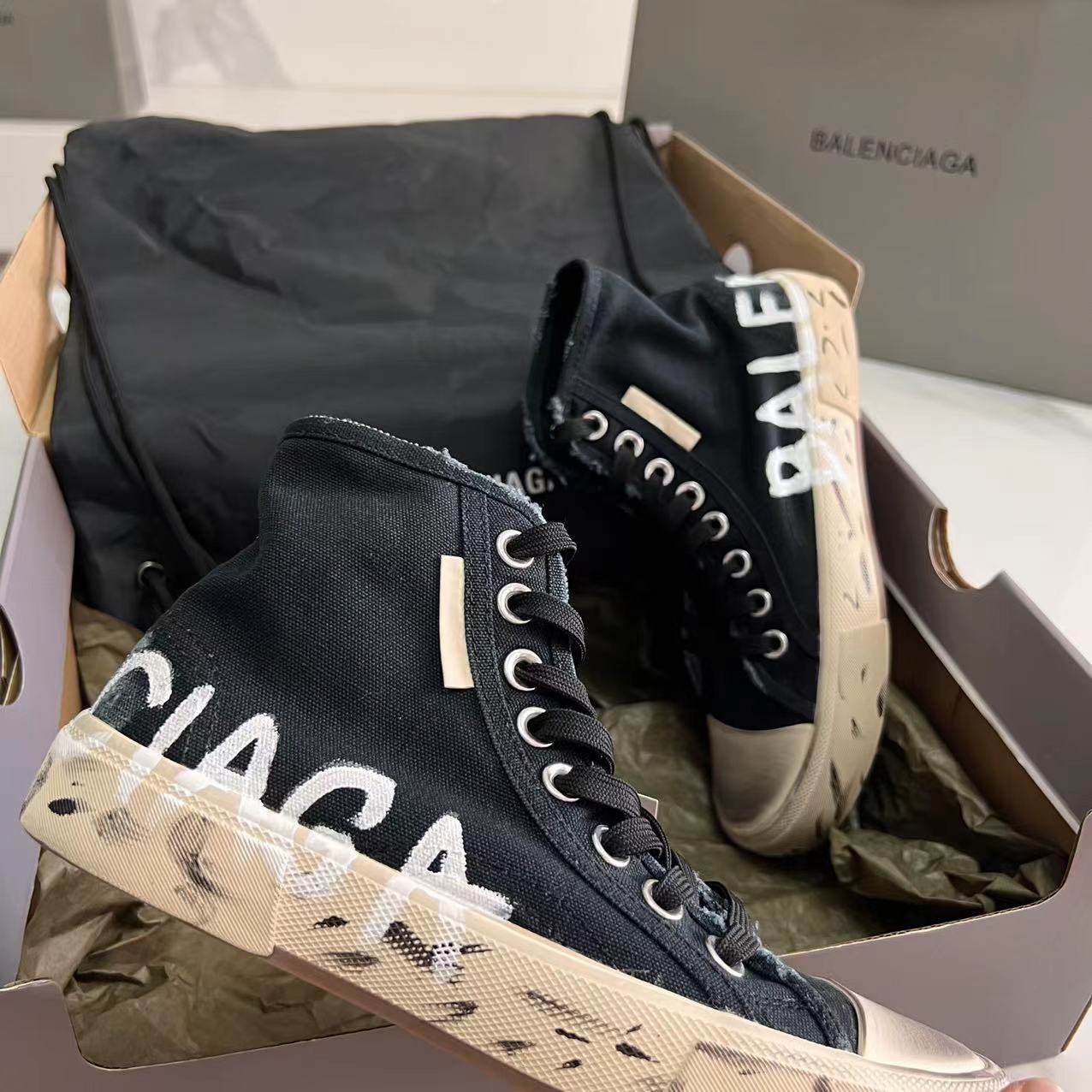 Balenciaga Paris High Top Graffiti Sneaker In Black - DopestKickz